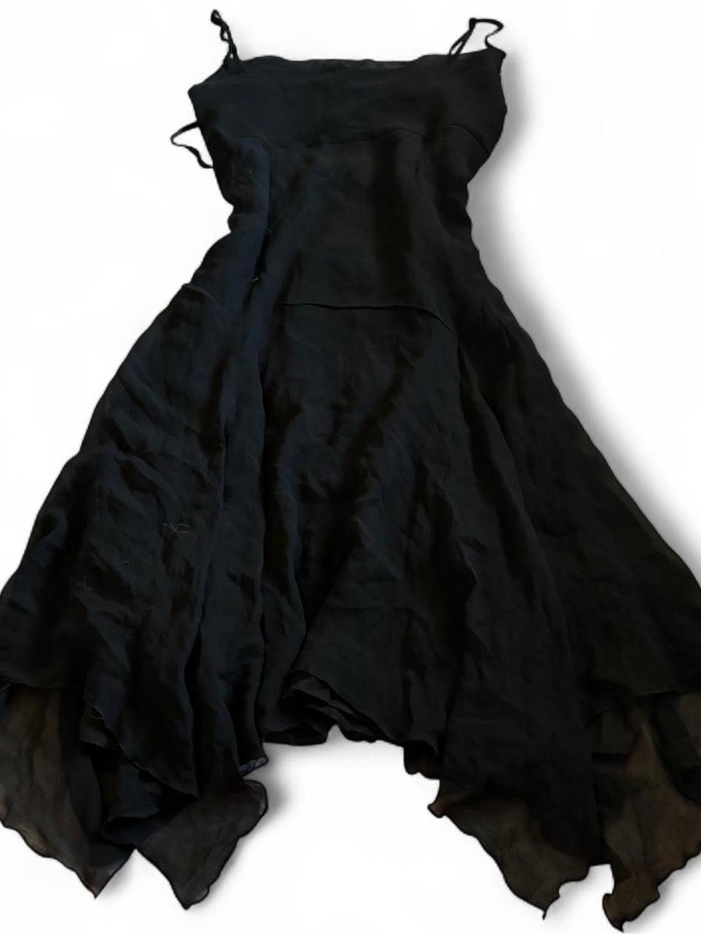 Vintage Y2K BCBG Black Asymmetrical Fairy Sharkbite Handkerchief Silk Maxi Dress